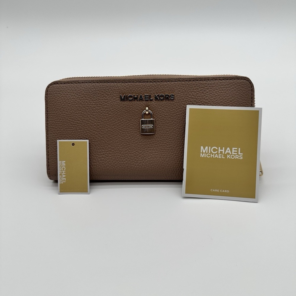 Michael‎ Kors Mercer Pebbled Leather Zip Around Wallet Taupe Gold Lock Charm